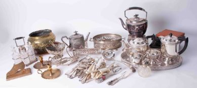 A quantity of silver plated wares including spirit kettle, part tea sets, trays, also some