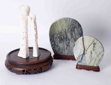 Two modern Oriental marble effect standing plaques, Asian carvings and a carved hardwood pot