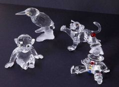 Swarovski Crystal Glass, Bird on Branch, Clown, Monkey and Cub, boxed (4).