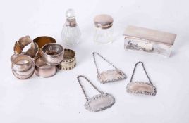 A silver and glass dressing table box, 12cm x 15cm, together with silver mounted scent bottle and