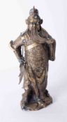 A Japanese heavy brass and enamelled figure of a Samurai with sword, height 36cm.