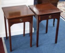 A pair of mahogany bedside tables each fitted with a drawer on square legs, height 61cm.