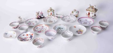 Various antique porcelain tea bowls & saucers and a small Staffordshire encrusted Spaniel, 19th