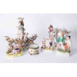 A Staffordshire style group of cricketeers, Victorian and later ornate porcelain incl three branch