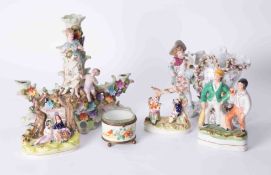 A Staffordshire style group of cricketeers, Victorian and later ornate porcelain incl three branch