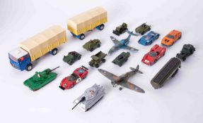 A collection of play worn diecast models including Dinky, Corgi, Matchbox, etc, list available.