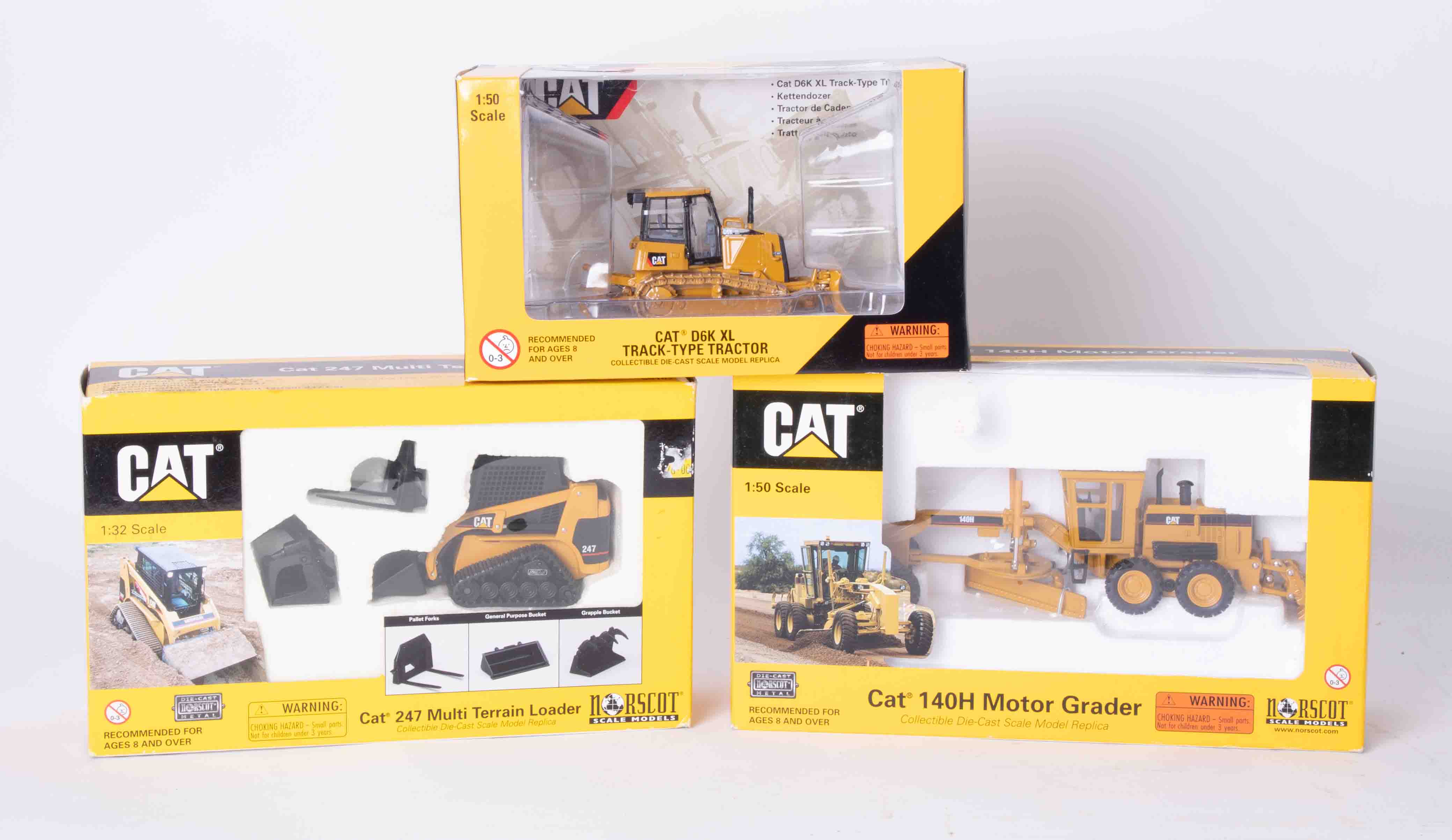 CAT 140H Motor Grader 1:50 scale, CAT D6K XL Track-Type Tractor 1:50 scale and CAT 247 Multi Terrain