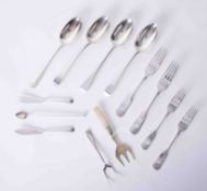 Four Georgian silver dinner spoons, approx. 7.61oz together with a silver pickle spoons and some