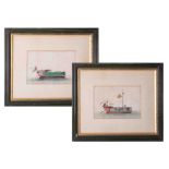 Two Chinese rice paper paintings of ornately decorated sailing boats, (faults), 15cm x 20cm,