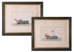 Two Chinese rice paper paintings of ornately decorated sailing boats, (faults), 15cm x 20cm,