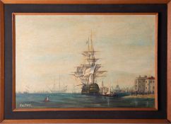 F.W. Frior, sailing ships on the Thames?, oil on board, signed and framed, overall size 53cm x
