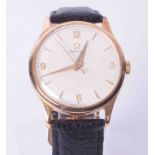 Omega, a gents 9ct yellow gold cased wristwatch, manual wind movement, full off white quarter Arabic