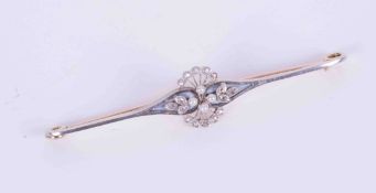 A white, yellow & rose gold (not tested) bar brooch set four small pearls, small old cut diamonds