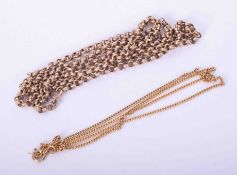 Two 9ct yellow gold chains, one curb link, length 18" and one belcher, length 28", total
