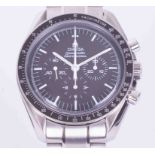 Omega, a gents 2005 stainless steel Speedmaster 'Moon' wristwatch, manual wind, black dial,