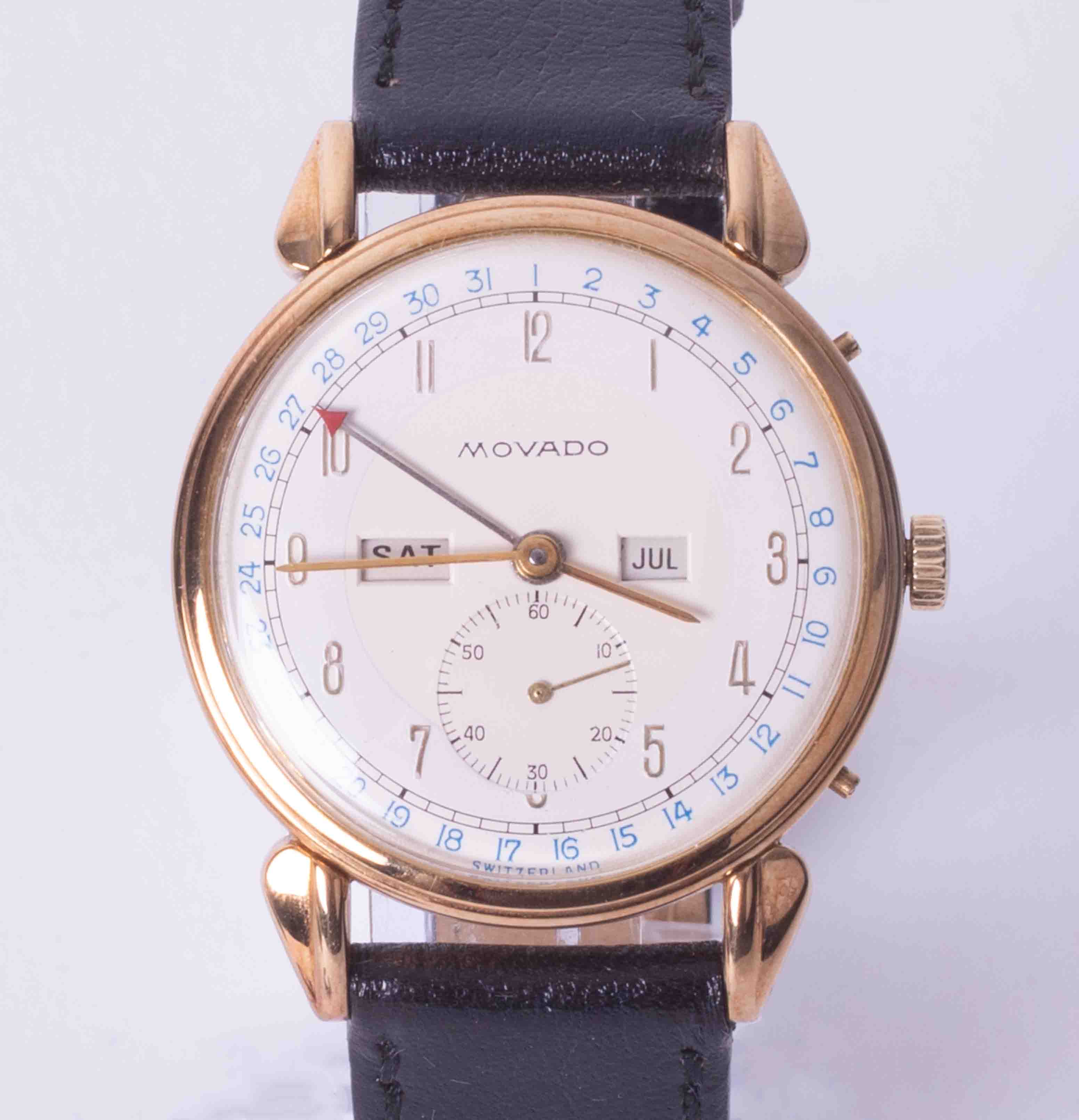 Monado, a rare gents triple calendar wristwatch, yellow gold case, manual wind movement, circa