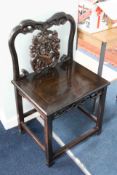 A heavy Chinese dark hardwood side chair, with hard seat, height 90cm.