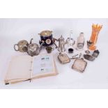 A mixed collection to include silver plated wares, stamps, hip flask, Carnival glass, stoneware