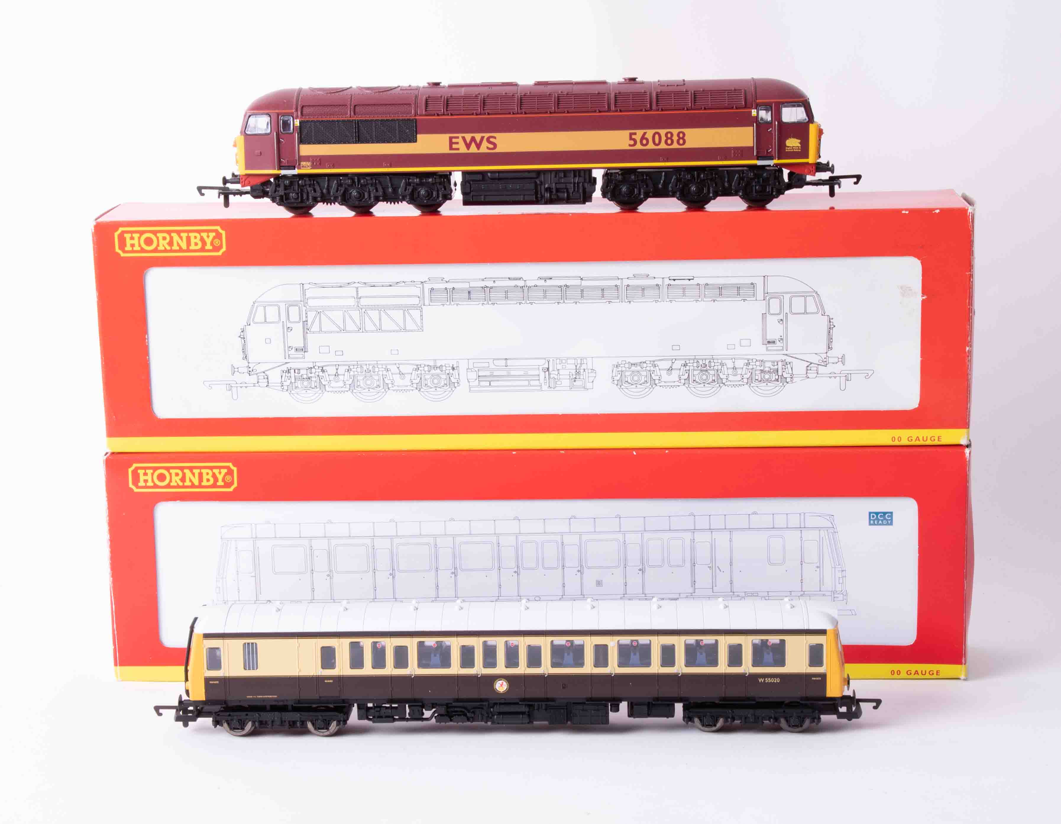 Hornby OO Gauge, R2644 class 121 driving motor brake, W55020, boxed and R2288C EWS Co-Co diesel