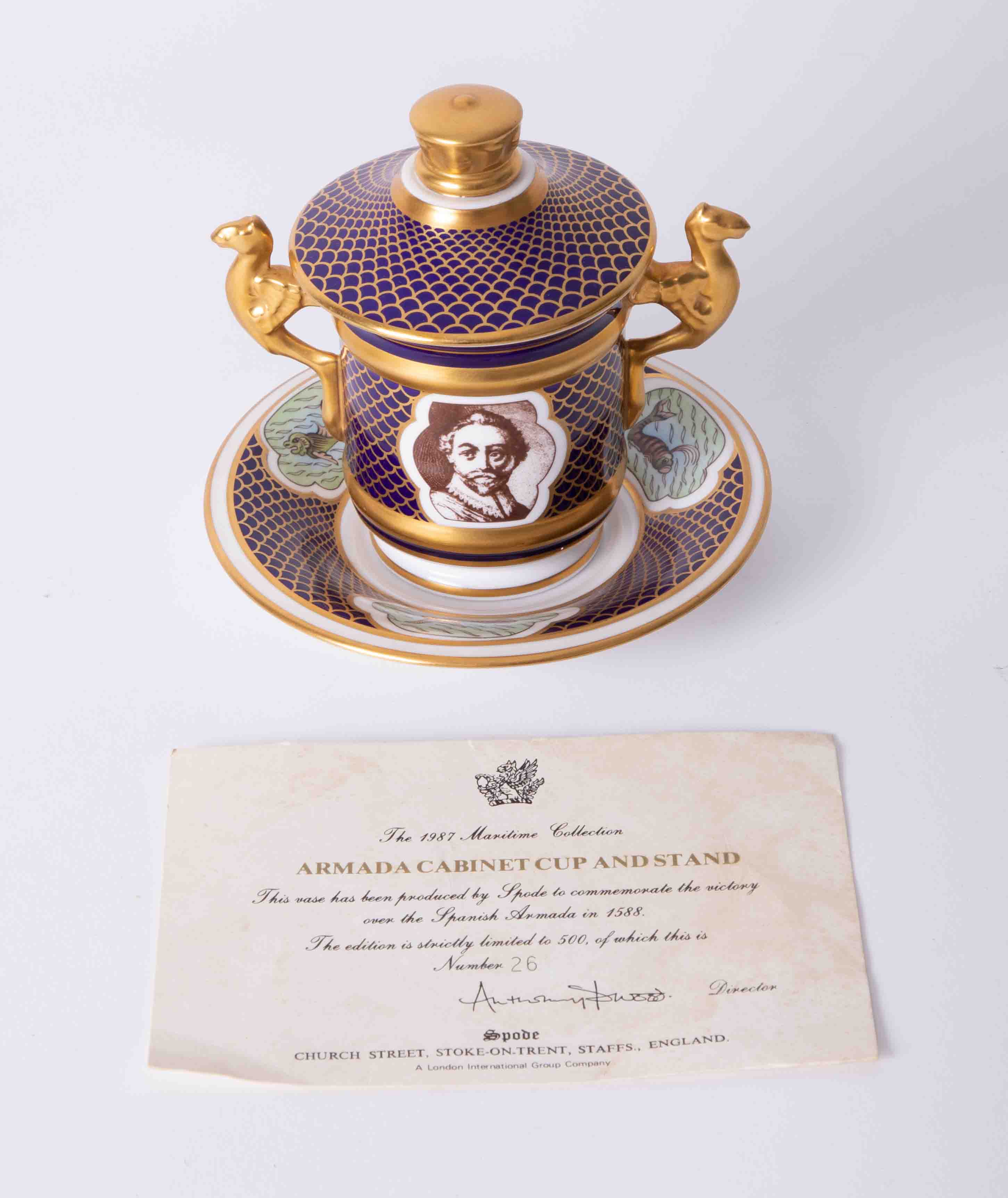 A Spode porcelain Armada cabinet cup & stand, limited edition 26/500, with certificate, height