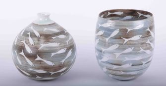 Two studio pottery vases decorated with fish, (triangular studio mark) 22cm (2).