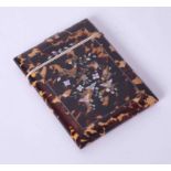 A 19th Century tortoiseshell and mother of pearl inlaid card case, 11cm x 8cm.