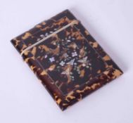 A 19th Century tortoiseshell and mother of pearl inlaid card case, 11cm x 8cm.