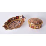 Royal Crown Derby, a small pin dish and box with cover "old Imari" (2).