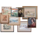 Collection of pictures including early 20th century watercolour, signed Pike, titled on reverse '