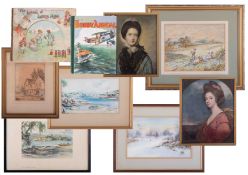 Collection of pictures including early 20th century watercolour, signed Pike, titled on reverse '