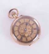 An antique gold keyless fob watch, marked 14k, overwound, 26.5g.