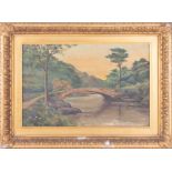 Unsigned oil on canvas of Bridge scene, in a gilt frame, 22cm x 33cm.