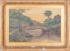 Unsigned oil on canvas of Bridge scene, in a gilt frame, 22cm x 33cm.