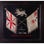 The Kings Own Regiment, South Africa 1879 needlework embroidery, framed and glazed, 62cm x 67cm.