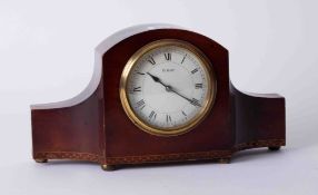 A mahogany and inlaid cased eight day mantel clock, width 27cm.