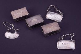 Three silver matchbox holders, P & B Limited, engine turned, also decanter labels, Dinner, Sherry,