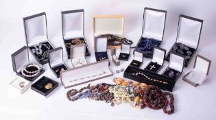 A collection of modern dress jewellery, beads, necklaces, etc, some silverwares, coral effect,