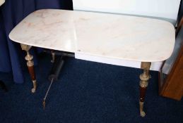 A marble top coffee table with brass mounted and wood turned legs of antique style, 100cm x 49cm.