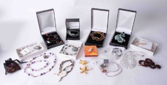 A collection of various modern jewellery including crystal necklaces, Lee Sands stylish boxed