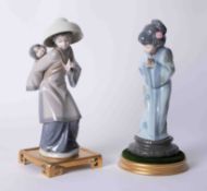 Two Oriental figures on stands, the tallest 27cm, all boxed.