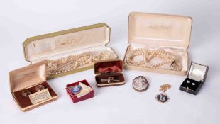 A mixed lot of faux pearls, Cavalier cufflinks, tie pin, cameo jewellery, crystal flower earrings,