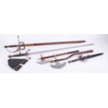 A collection of modern military items including two axes, Rapier sword with scabbard, sword and a