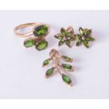 A 9ct and green stone dress ring together with matching earrings and pendant, approx. 6g.