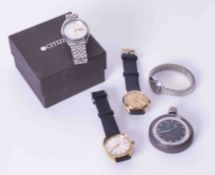 Collection of watches including Omega stop watch, Citizen auto, two gold plated Montime wrist