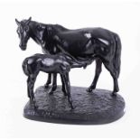 A 20th Century Russian metal sculpture of a horse & foal, signed on base 1972, KACNI? with Russian