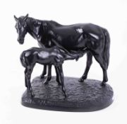 A 20th Century Russian metal sculpture of a horse & foal, signed on base 1972, KACNI? with Russian