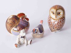 Royal Crown Derby, four paperweights including owl & cockerel.