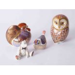 Royal Crown Derby, four paperweights including owl & cockerel.