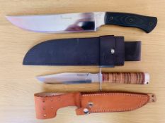 Top a Browning Barker Bowie, 25cm long blade, with a nicely tapered full tang, used Bottom; a