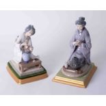 Two Oriental figure groups including lady making tea on stands, approx. 24cm, all boxed.